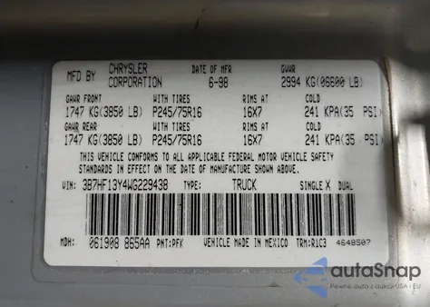 1998 Dodge Ram 1500 St from USA, damaged, VIN 3B7HF13Y4WG229438